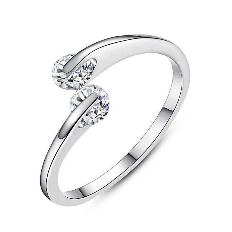 Sterling Silver Ring For Women With Double Diamond Accent Adjustable Opening Korean Fashionable Ring Perfect As A