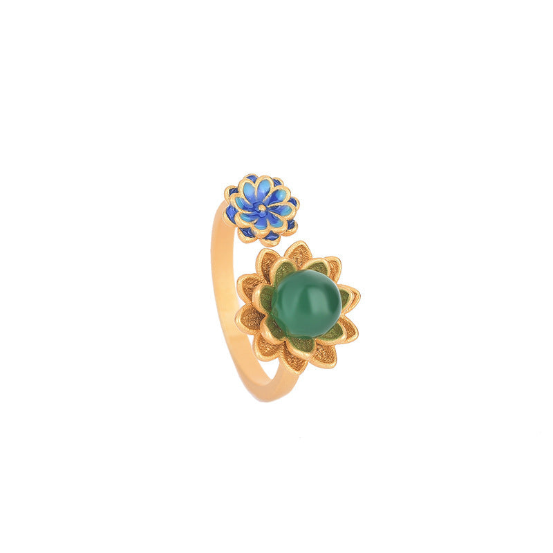 Womens Ring Chinese Style Antique Lotus Flower Enamel Agate Chalcedony Gold Plated Statement Handcrafted Jewelry