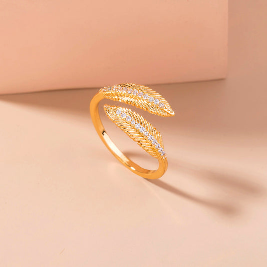 Adjustable Copper Ring With Zircon Inlays Feather Opening Design For Women And Girls Electroplating High Shine