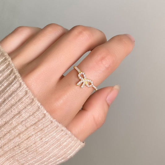 Sterling Silver Bow Zircon Ring With Yellow Gold Plating Korean Style Gift For Her Fashion Accessory Gift Idea