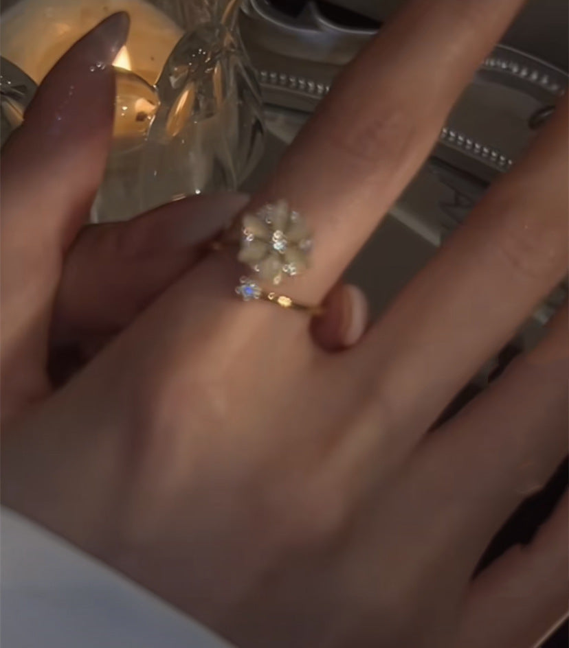 Women Opal Spinning Flower Ring Copper Zircon Accented Rotating Design Adjustable Finger Jewelry For Her Gifts