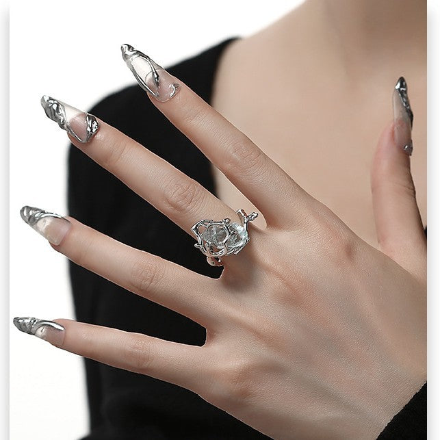 Geometric Alloy Ring with Ice Blue Transparent Natural Stone Electroplated Silver Ring Fashion Jewelry Gift for Women and Girls Party Prom