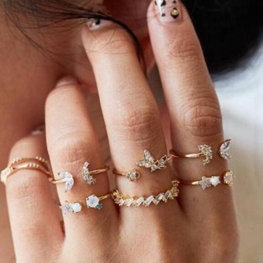 Women Butterfly Ring Set Flower Golden Rings Fashion Jewelry Alloy Electroplated 7 Piece Gift Sets New Design