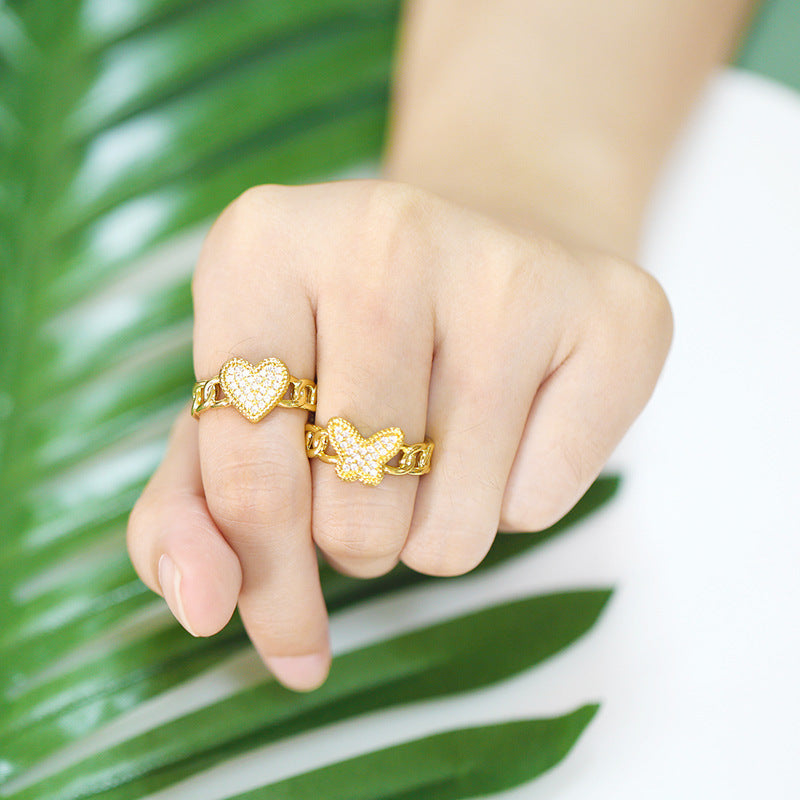 Womens Zircon Butterfly Five Point Star Chainring Gold Plated Copper Adjustable Dainty Elegant Fashion Jewelry