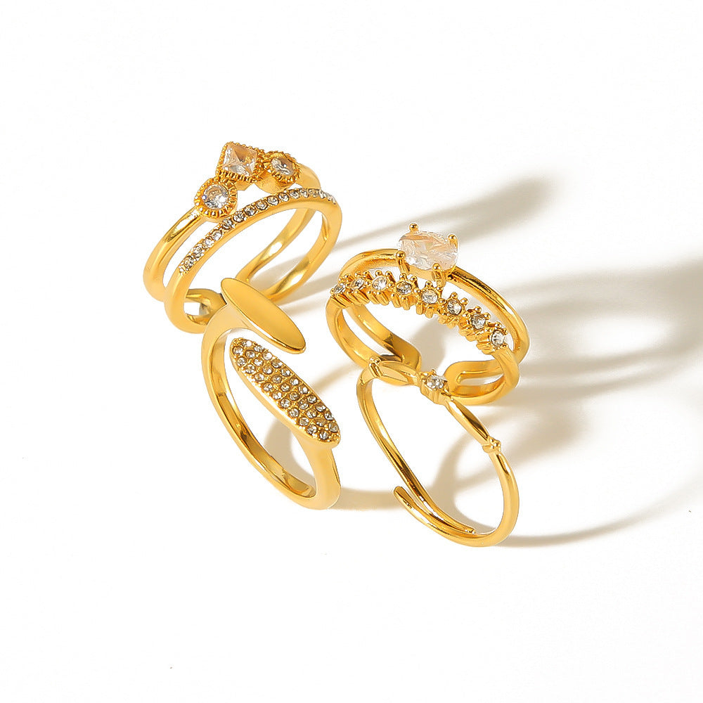 Retro Design Geometric Inlaid Zircon Stainless Steel Ring Open Mouth Split Ring Female Affordable Luxury Style