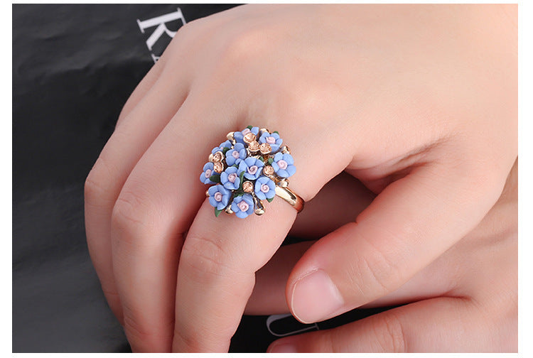 Womens Flower Ring Alloy Inlaid Gems And Semi Precious Stones Floral Design Jewelry For Women Multiple Colors Mix