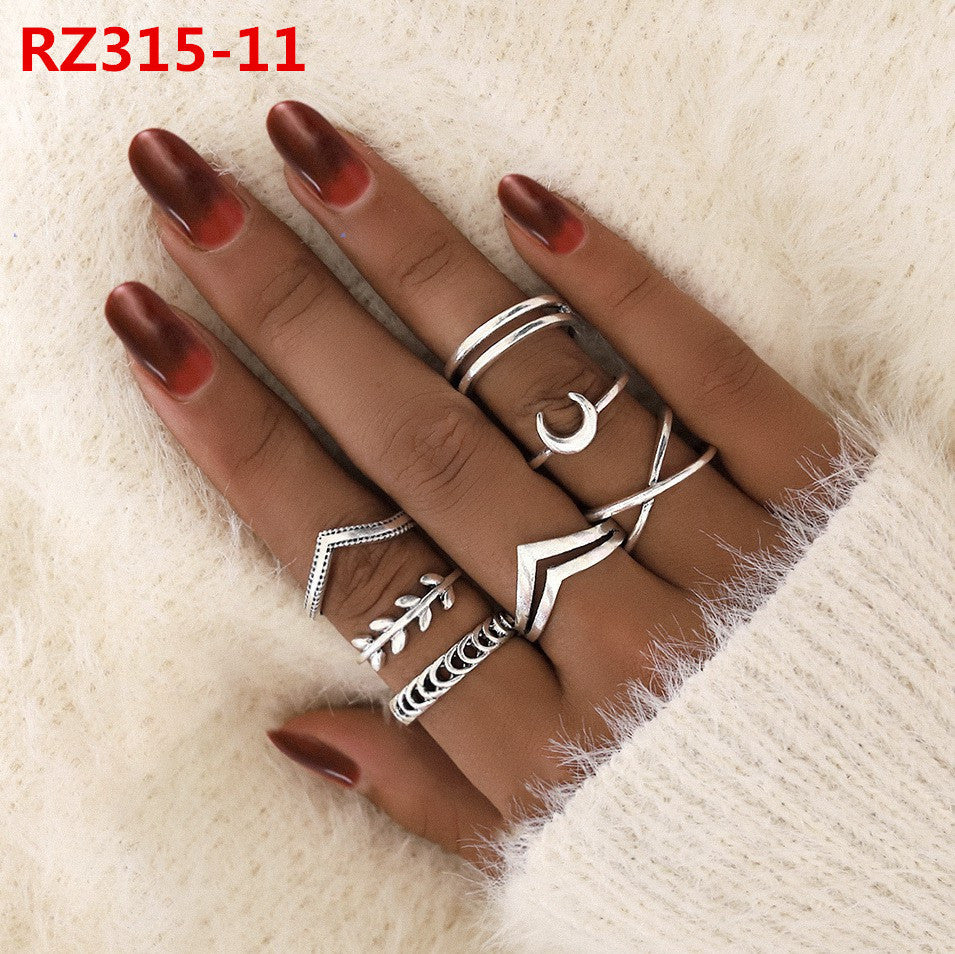 Womens Bohemian Ring Set Geometric Inlaid Gemstones Alloy Electroplated European Style Rings Jewelry Set Gifts