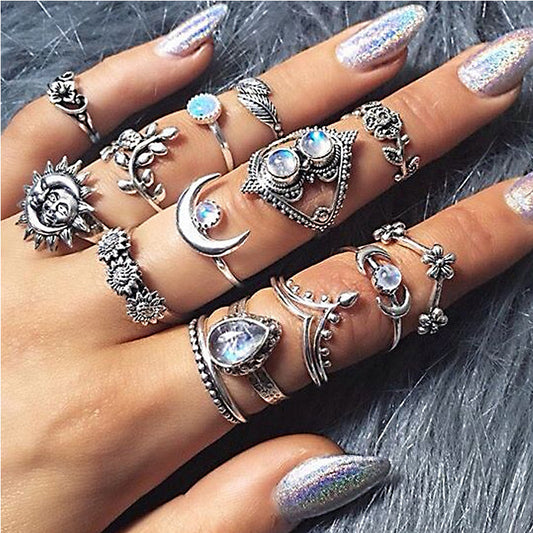 Womens Vintage Ring Set 14 Pieces With Sun Moon Flower Water Drop Designs And Artificial Gemstones Alloy Rings