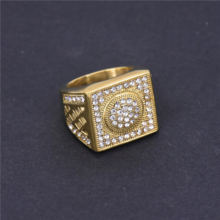 Mens Titanium Steel Rings Gold Plated Rings With Diamond Inlay Square Hollow Design Retro Pattern Rings Design