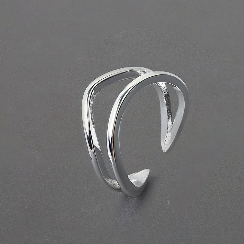 Womens Adjustable Double Layer Geometric Copper Ring Platinum Color Simple Band Fashion Jewelry Elegant Styles