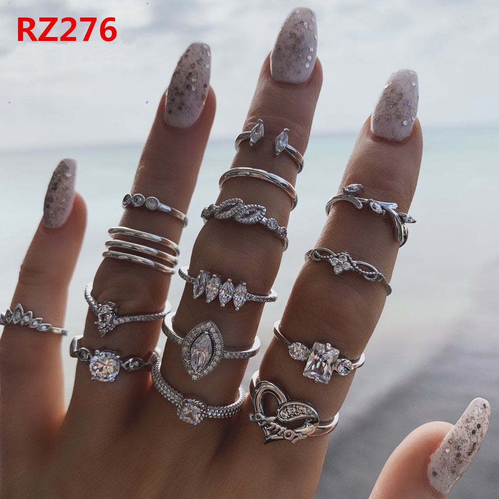 Womens Bohemian Ring Set Geometric Inlaid Gemstones Alloy Electroplated European Style Rings Jewelry Set Gifts