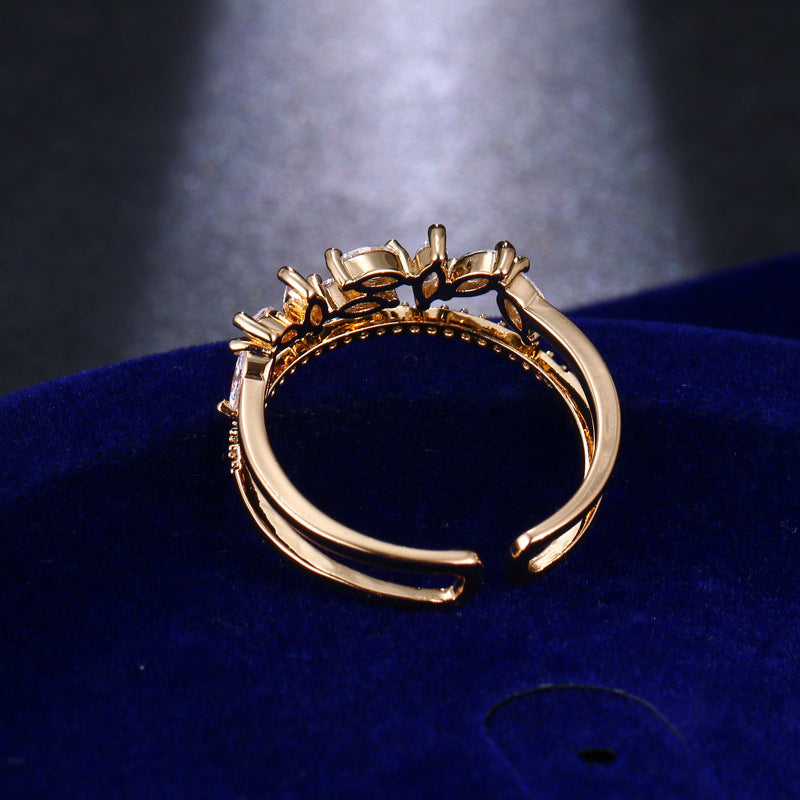 Women's Adjustable Ring Horse Eye Zircon Ring Electroplated Copper Open Ring Creative Geometric Fashion Ring Personality Messy Arrangement Ring Real Gold White