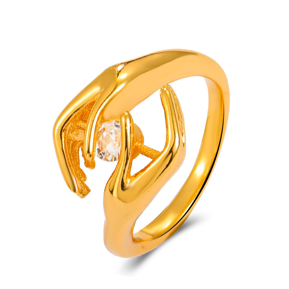 Vintage Hugging Hands Ring Vintage Electroplated Band With Zircon Stone Geometric Design Love Ring Birthday As