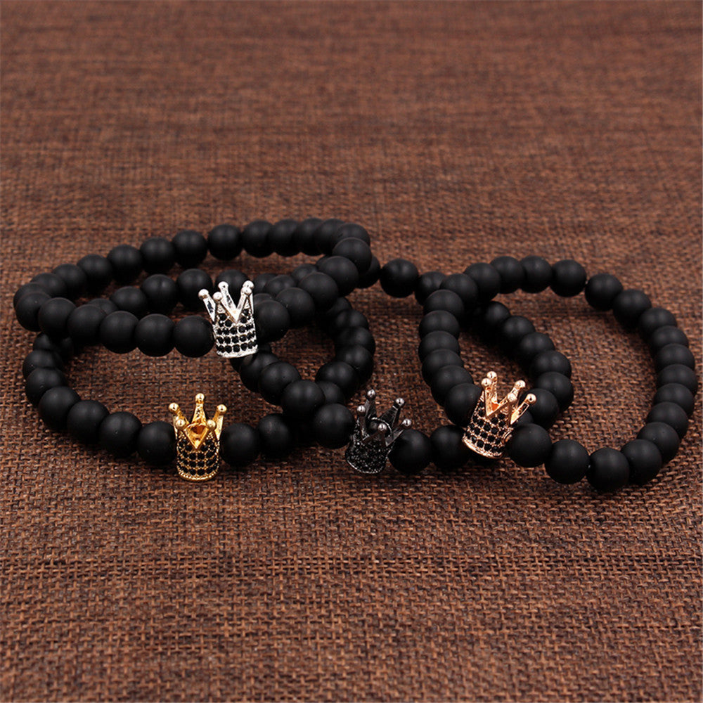 Womens Gun Black Frosted Stone Bracelet Bangle With Micro Zircon Inlaid Crown Jewelry Elegant Gift Natural Stone