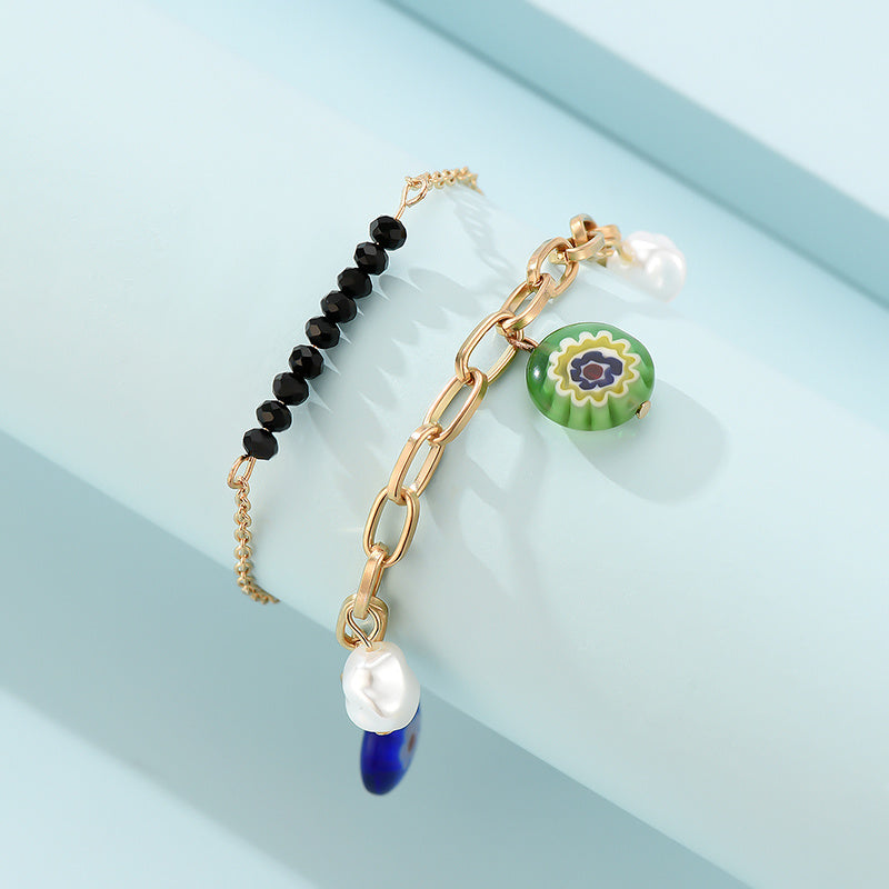 Womens Alloy Bracelet Pearl Flower Tassel Design Geometric Bangle Gold Plated Metal Trendy Bracelet Color Gold