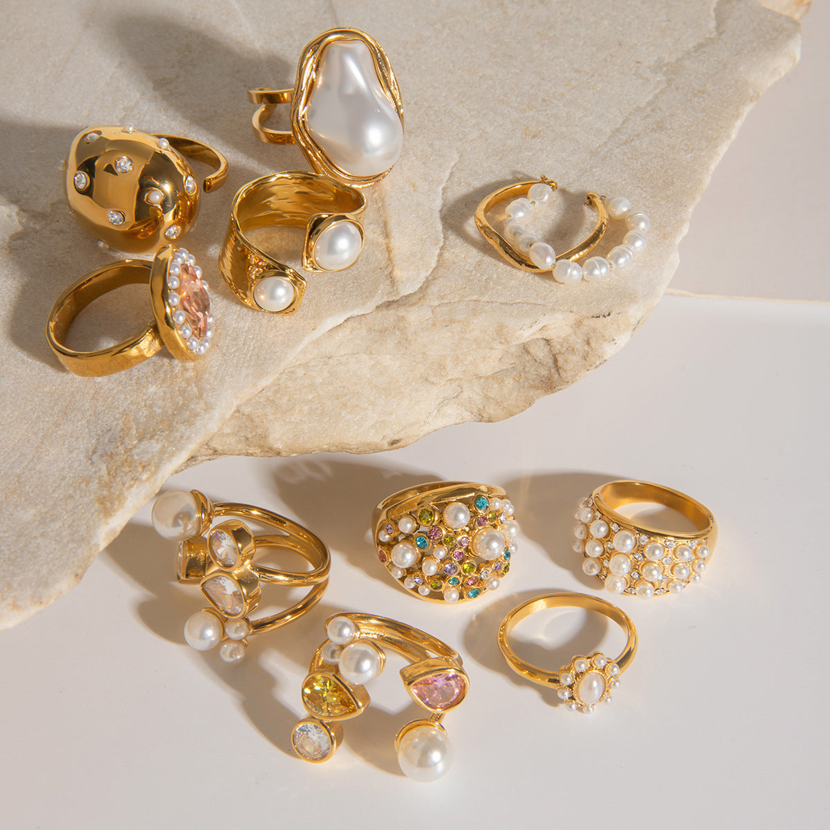 Women Ring Stainless Steel Pearl Eye Catching Geometric Round Electroplated European American Trendy Fashion Accessory