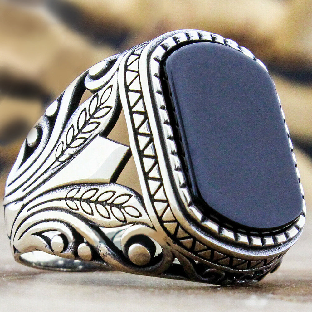 Mens Vintage Geometric Ring Alloy Electroplated With Black Artificial Gemstones European American Design Style Trend
