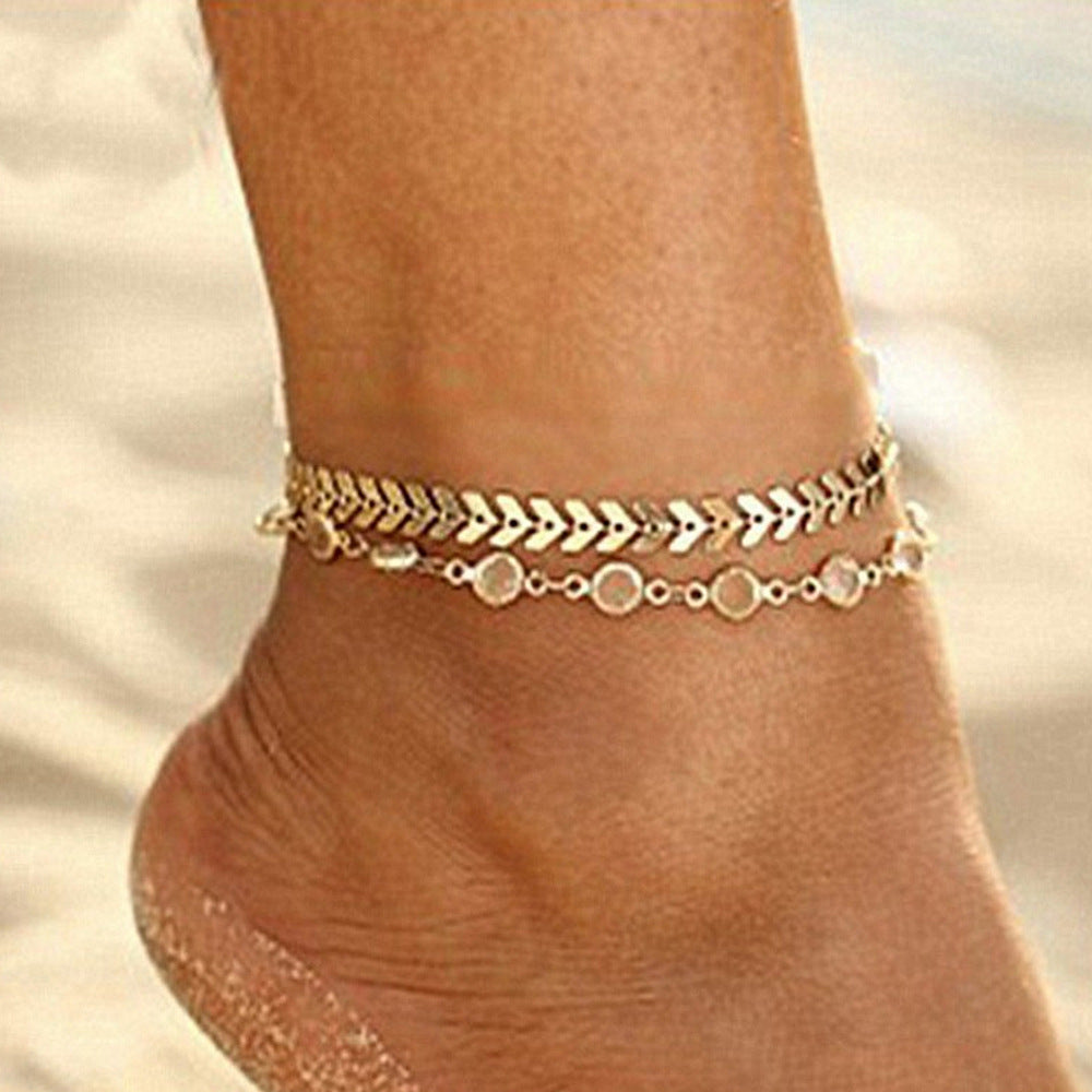 Unisex Fishbone Chain Anklet With Double Crystal Electroplated Alloy Foot Jewelry Ankle Bracelet For Women And Men
