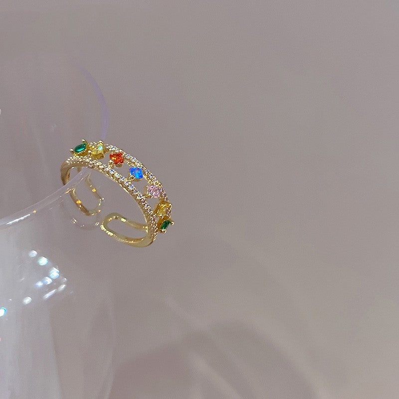 Small Gold Ring with Geometric Pattern and Colored Gemstone Luxurious Brass Ring Size 7 Fashion Jewelry Gift Ring for Women and Girls