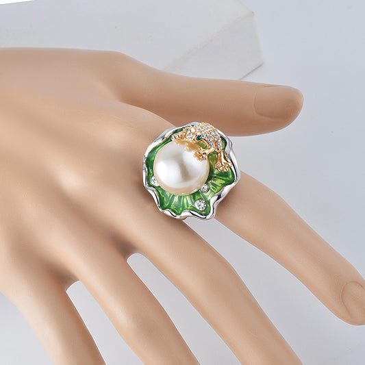 Womens Alloy Frog Lotus Leaf Ring Inlaid Pearl Sparkling Accents Fashion Jewelry Durable Statement Gift Styles