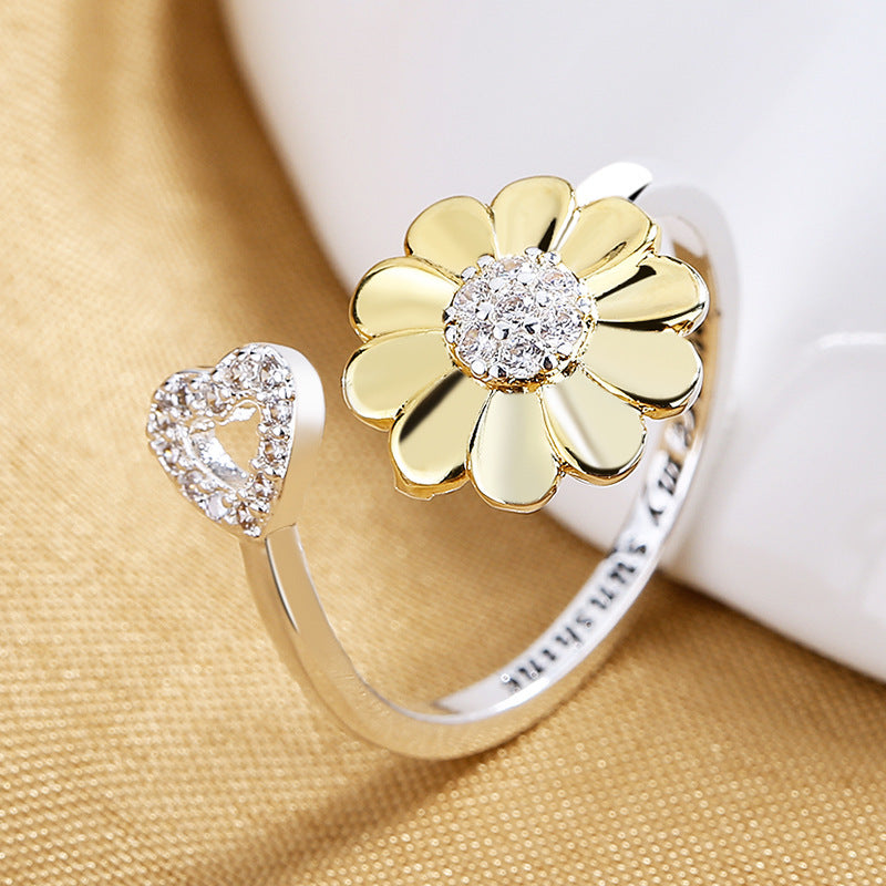 Silver Plated Sunflower Ring Adjustable Open Band Womens Jewelry with Zircon Accent Elegant Everyday Gift Ideas