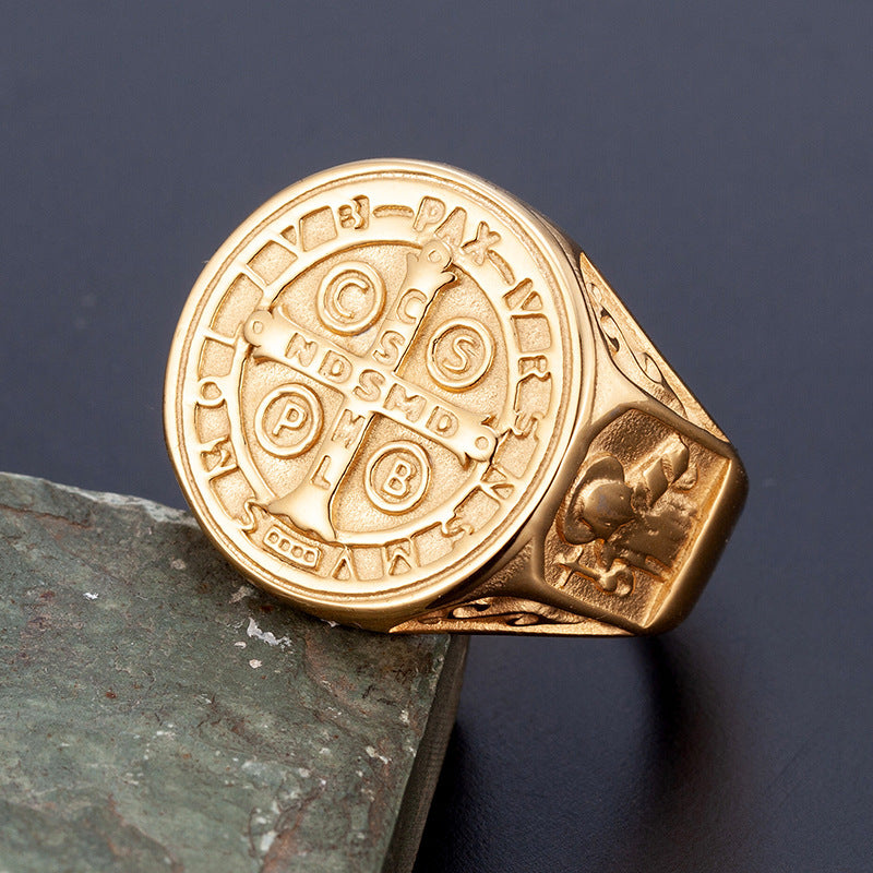 Gold Titanium Steel Cross Ring For Men Unisex Retro Style