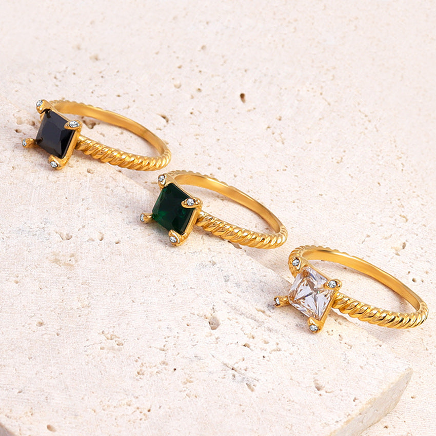 Square Zircon Twist Stainless Steel Ring Unisex Transparent Black Emerald Jewelry Style Gift For Her Anniversary