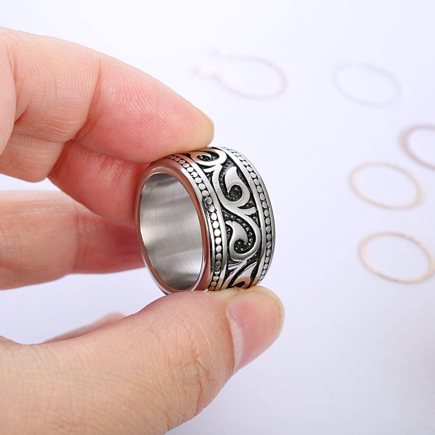 Mens Titanium Steel Ring 13mm Wide Geometric Totem Design Vintage Style Band Distressed Silver Finish For Men Everyday
