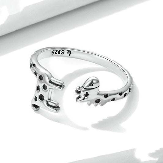 Giraffe Ring 925 Sterling Silver Animal Zodiac Jewelry Adjustable Opening Oxidized Finish Ring For Women And Gift Box