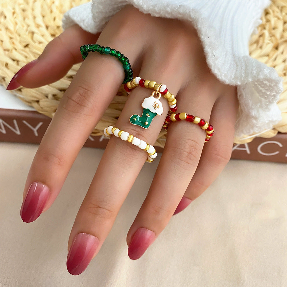 Holiday Alloy Ring Set With Snowflake Gift Box Elk Bell Santa Claus Designs Christmas Jewelry Delicate Glitter Finish 4
