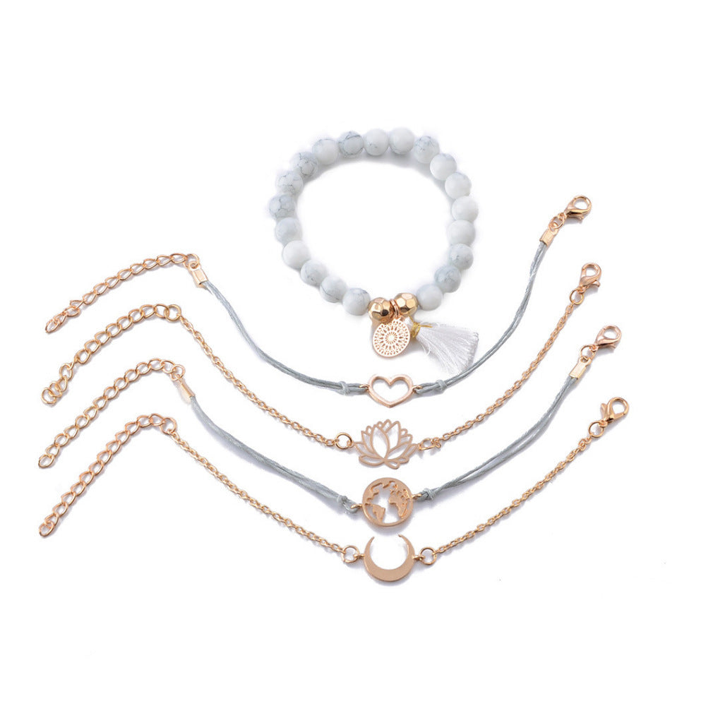 Gold Bracelet Set Five Piece Hand Woven Moon Earth Lotus Peach Heart Charms Adjustable Length 17cm 18cm Tail 5cm