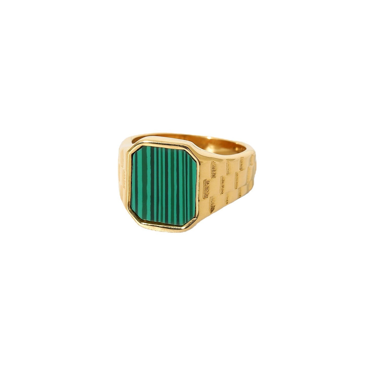 Stainless Steel Ring With Malachite Accent And White Shell Epoxy Inlay Gold Plated Rectangular Jewelry For Her