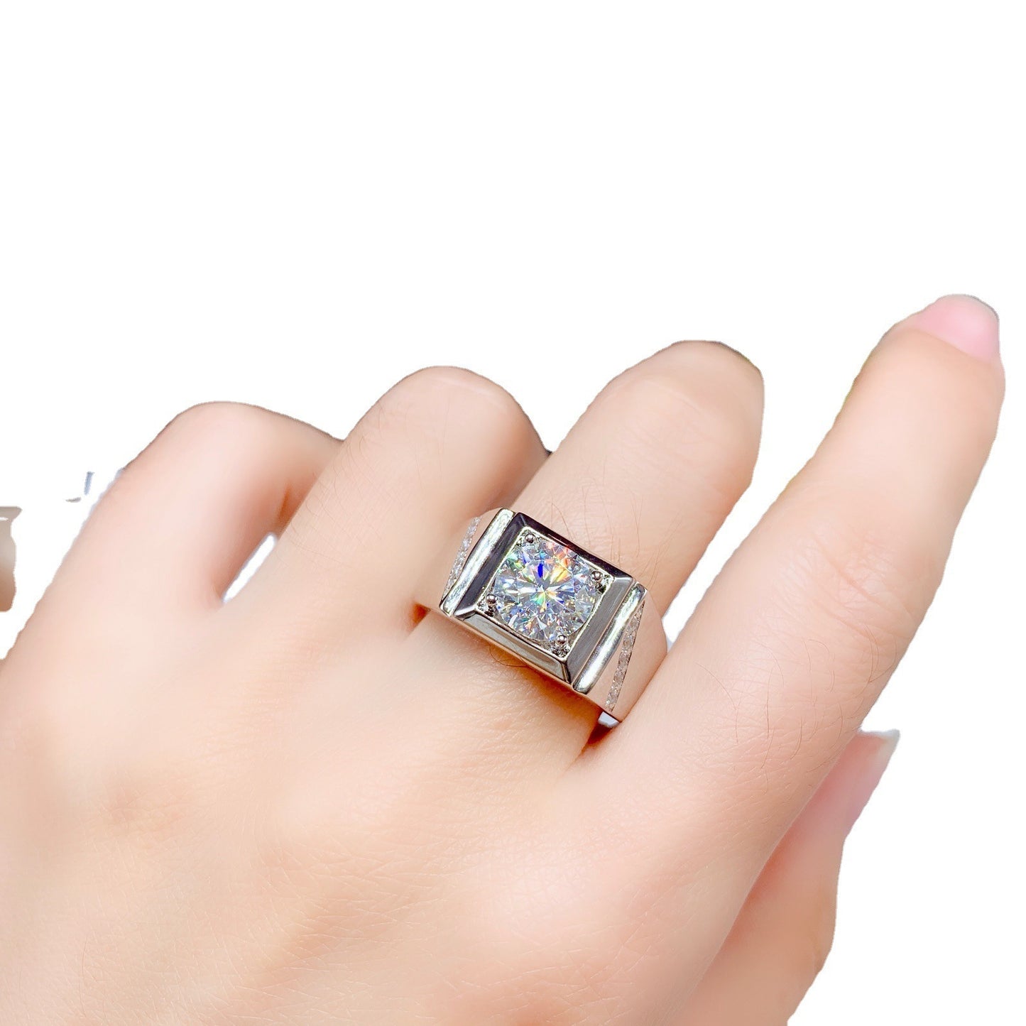 Mens Geometric Copper Ring With Zircon Mosang Stone Eight Hearts Eight Arrows 3A Diamond Cut Adjustable Design