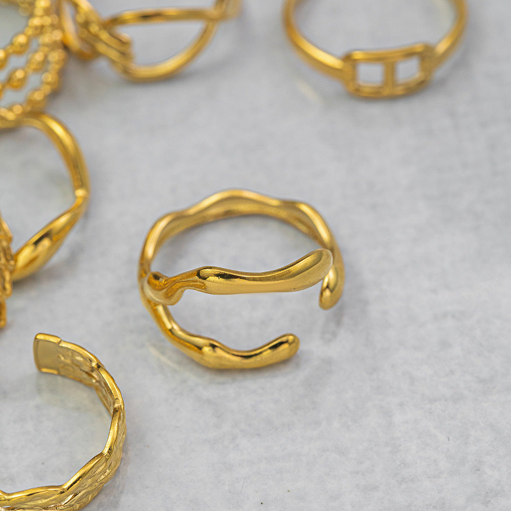 Womens Hollow Geometric Titanium Steel Ring Gold Plating Adjustable Opening Durable Everyday Wear Jewelry Chic