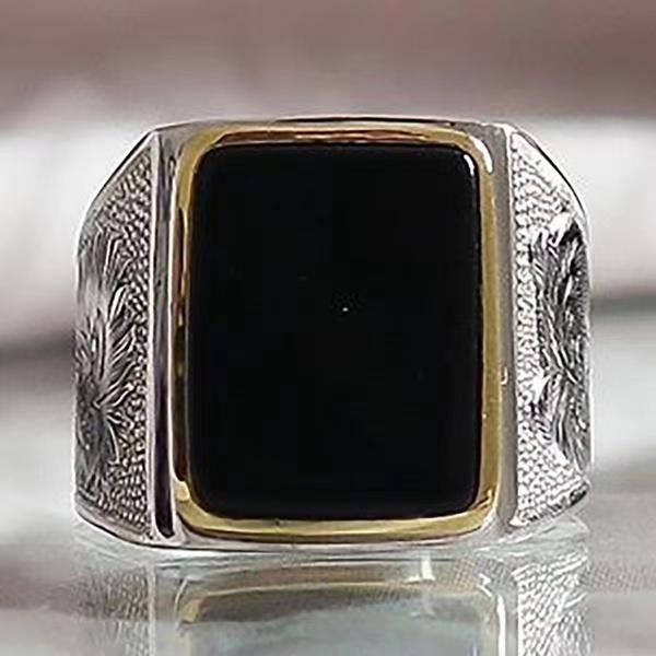 Mens Square Ring Geometric Alloy Two Tone Black Gemstone Inlaid Ring European American Birthday Gift Pack Ring