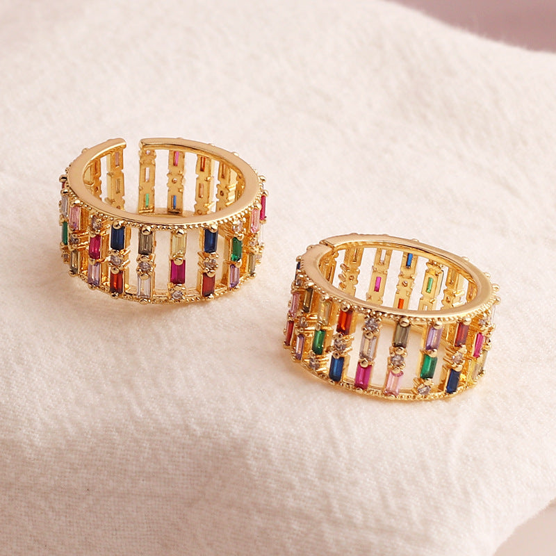 Womens Ring with Multicolor Zircon Diamond Color Ornament Wide Band Hand Decoration Adjustable Opening Geometric Copper Ring for Fashion Women