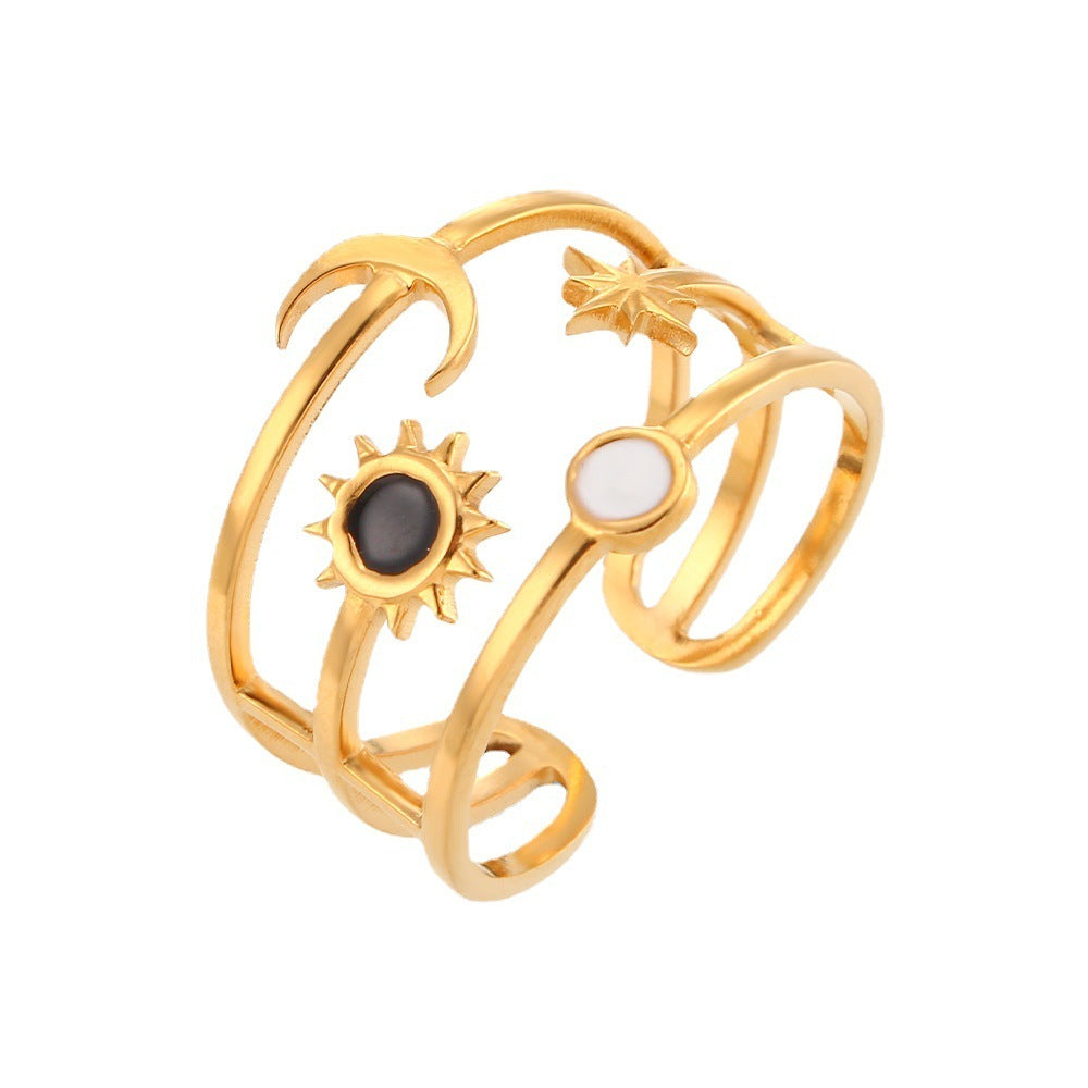 Womens Stainless Steel Ring Sun Moon Star Oil Drip Black White Waterproof Rustproof Hypoallergenic Durable Stylish
