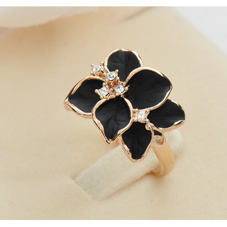 Womens Retro Flower Ring Crystal Painting Dripping Oil Alloy Floral Statement Ring Vintage Jewelry Faceted Crystal