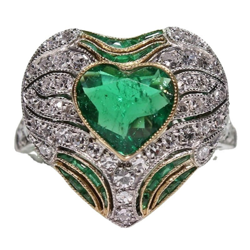 Heart Shaped Green Zircon Ring Gold Plated Alloy Jewelry For Women European Design Elegant Ring For Daily Wear