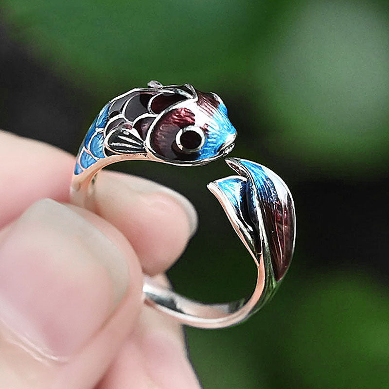 Womens Fashion Retro Ethnic Style Burnt Blue Enamel Handmade Ring Copper Koi Design Everyday Wear Accessory Ok