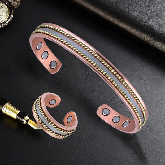 Magnetic Red Copper Adjustable Retro Ring Bracelet Set For Women Elegant Fashion Jewelry Durable Accessory Gift