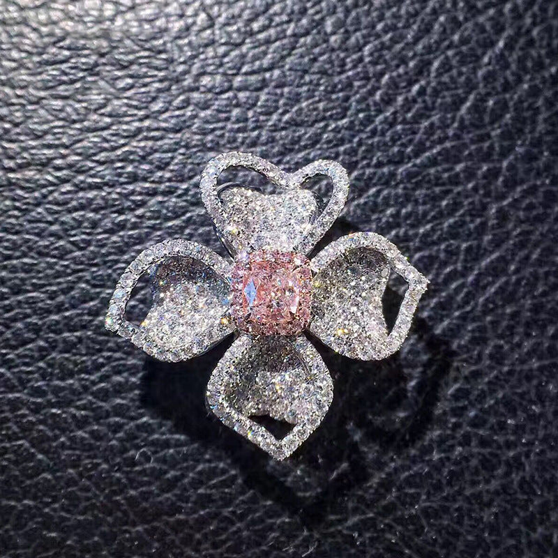 Four Leaf Clover Flower Full Diamond Ring Gold Plated Adjustable Opening Fashion Jewelry Statement Ring For Women