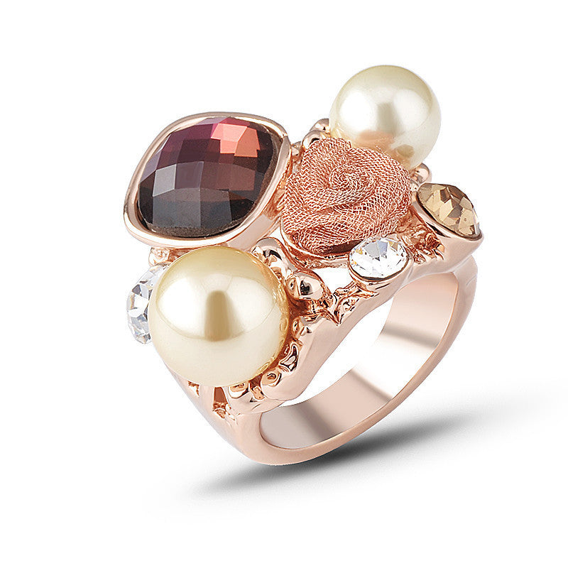 Personalized Rose Gold Pearl And Diamond Ring With Flower Design For Women Gold Plated Alloy Jewelry For Women