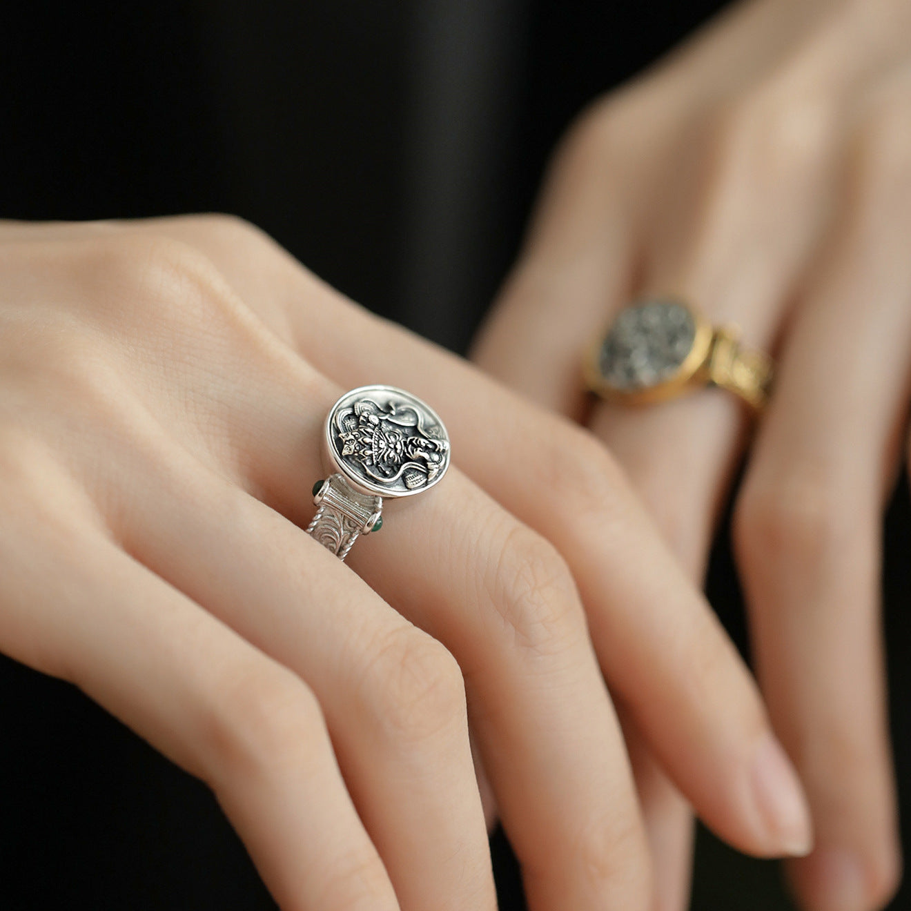 Grass Pattern Ring For Women Open Mouth Geometric Jewelry In Gold And Silver Copper Plated Retro Chinese Style