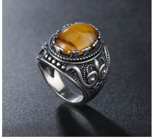 Mens Stainless Steel Ring European American Retro Gemstone Brown Blue Silver Gold Ring Sizes 7 8 9 10 11 12 13