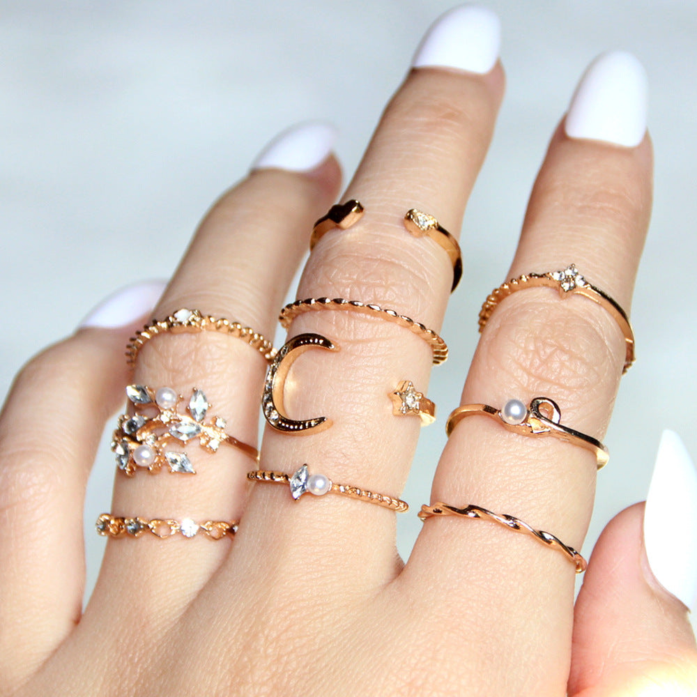 Gold Plated Ring Set Celestial Bohemian Jewelry Moon Star Leaf Knuckle Stackable Rings for Women Everyday Wear