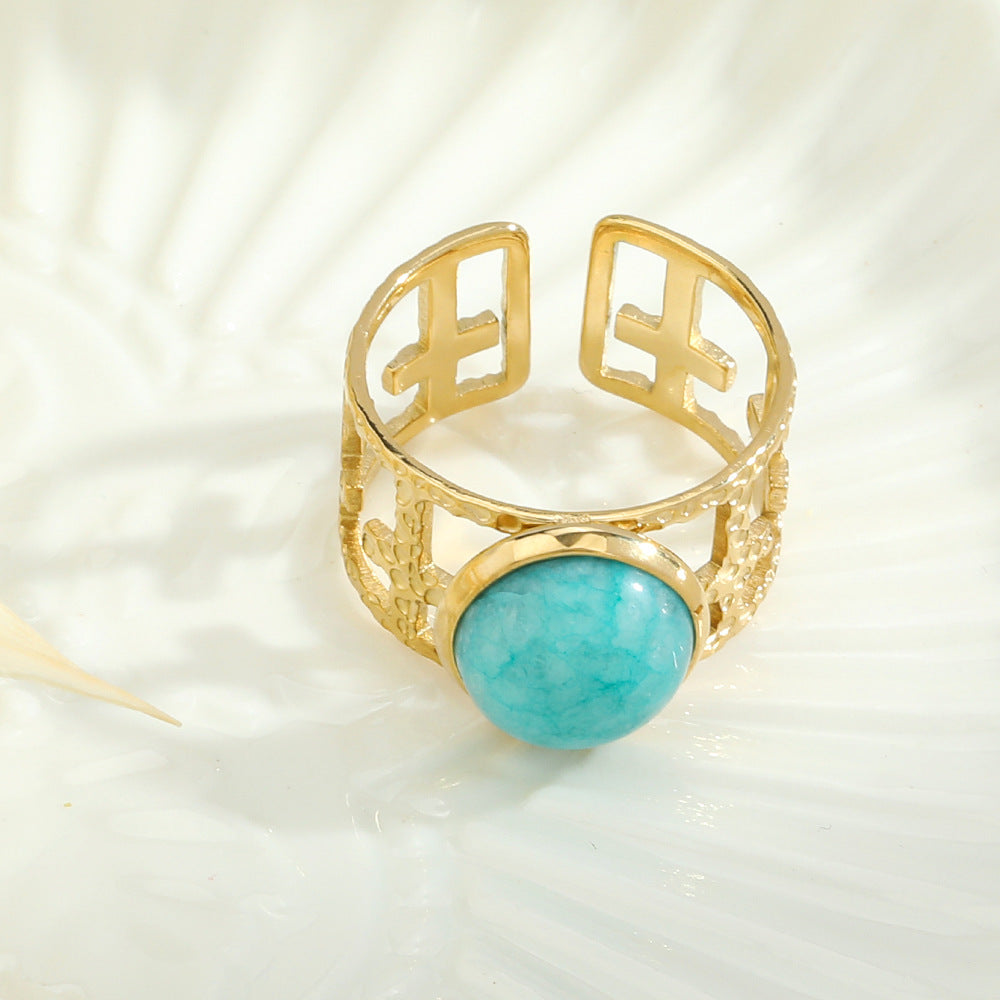 Womens Stainless Steel Ring With Natural Stone Inlaid Adjustable Geometric Hollow Design Gold Tone Accessories