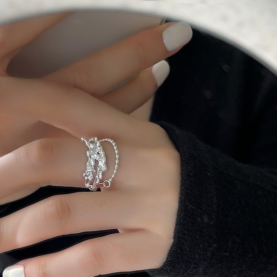 Womens Heart Ring Adjustable Thai Silver Plated Ring With Alloy Inlaid Gems Irregular Design Inner Diameter 1.6cm