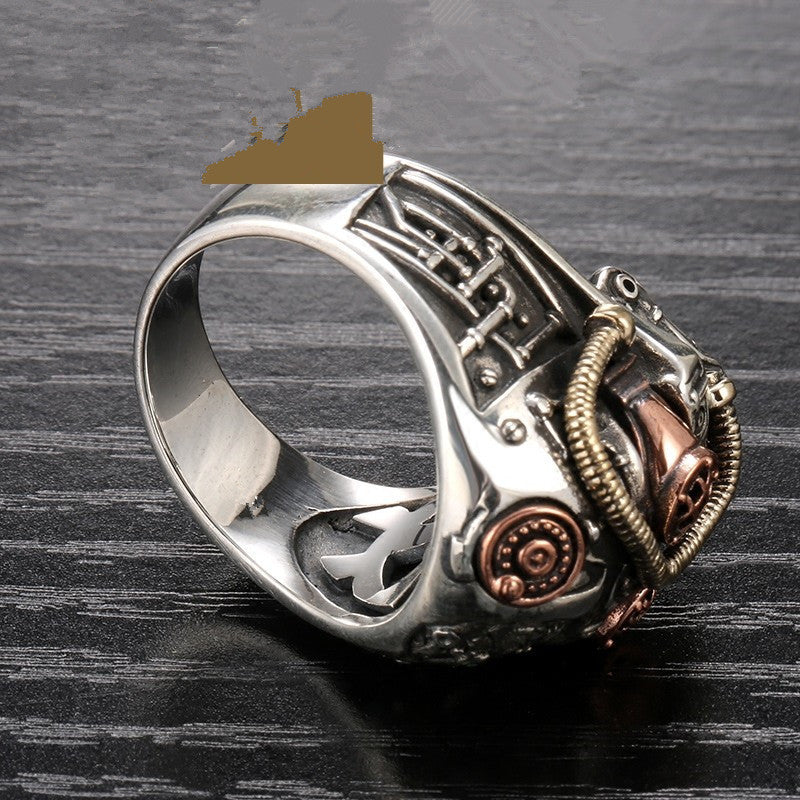 Mens Skull Ring Retro Alloy Metal European American Carved Tri Color Design Fashion Statement Ring Travel Gift