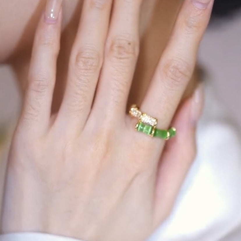 Green Bamboo Open Ring Chinese Style Gold Plated Copper Zircon Inlaid Exquisite Elegant Jewelry Gift For Her Alluring